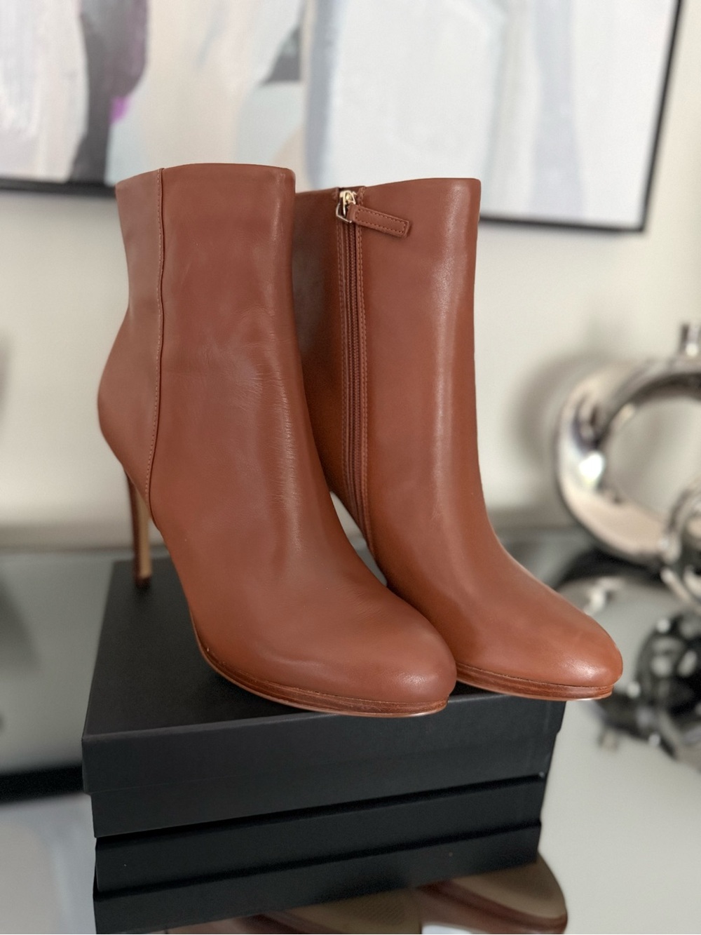 Nine West Cognac Leather High-Heel Ankle Boots - Picture 2 of 5